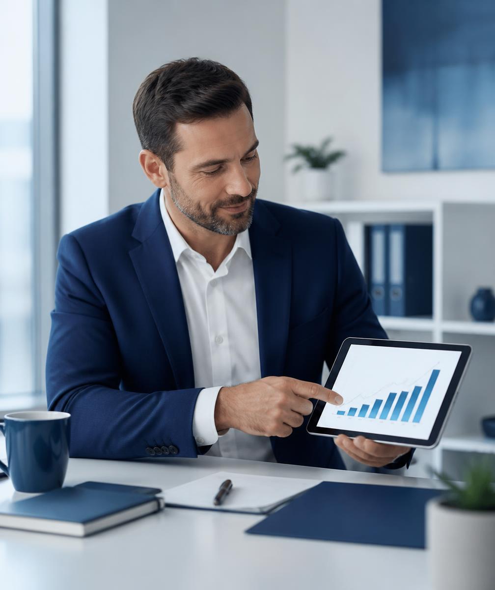 Consultor analisando a evolução comercial em um tablet